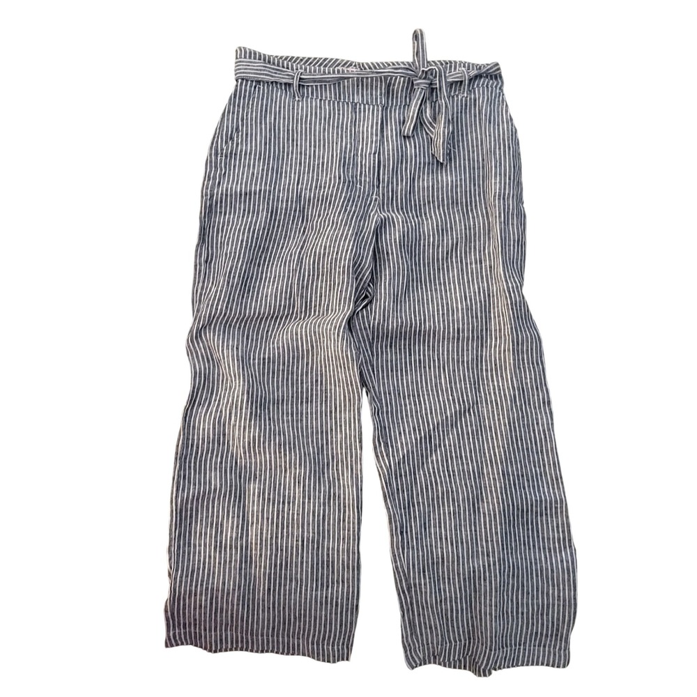 Adagio Navy Blue White Striped 100% Linen Wide Leg Tie Waist Pant 12 Beachy Chic